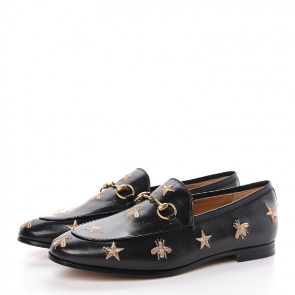 Gucci Black and Gold Embroidered Loafers